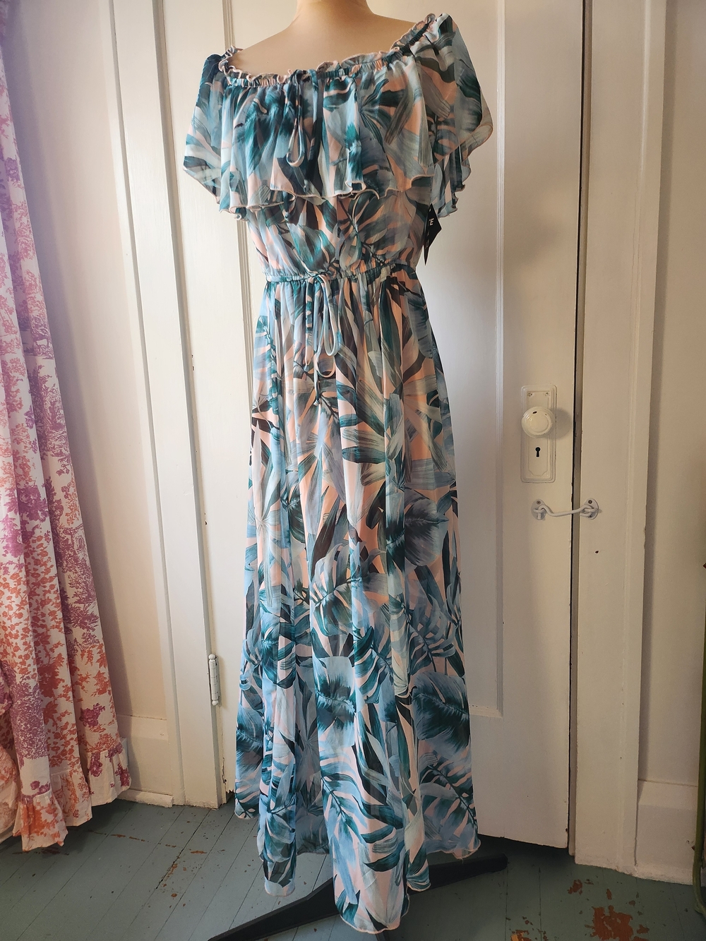 Kate & Lily Off-Shoulder Tropical Print Maxi Dress in Teal and Peach Pink